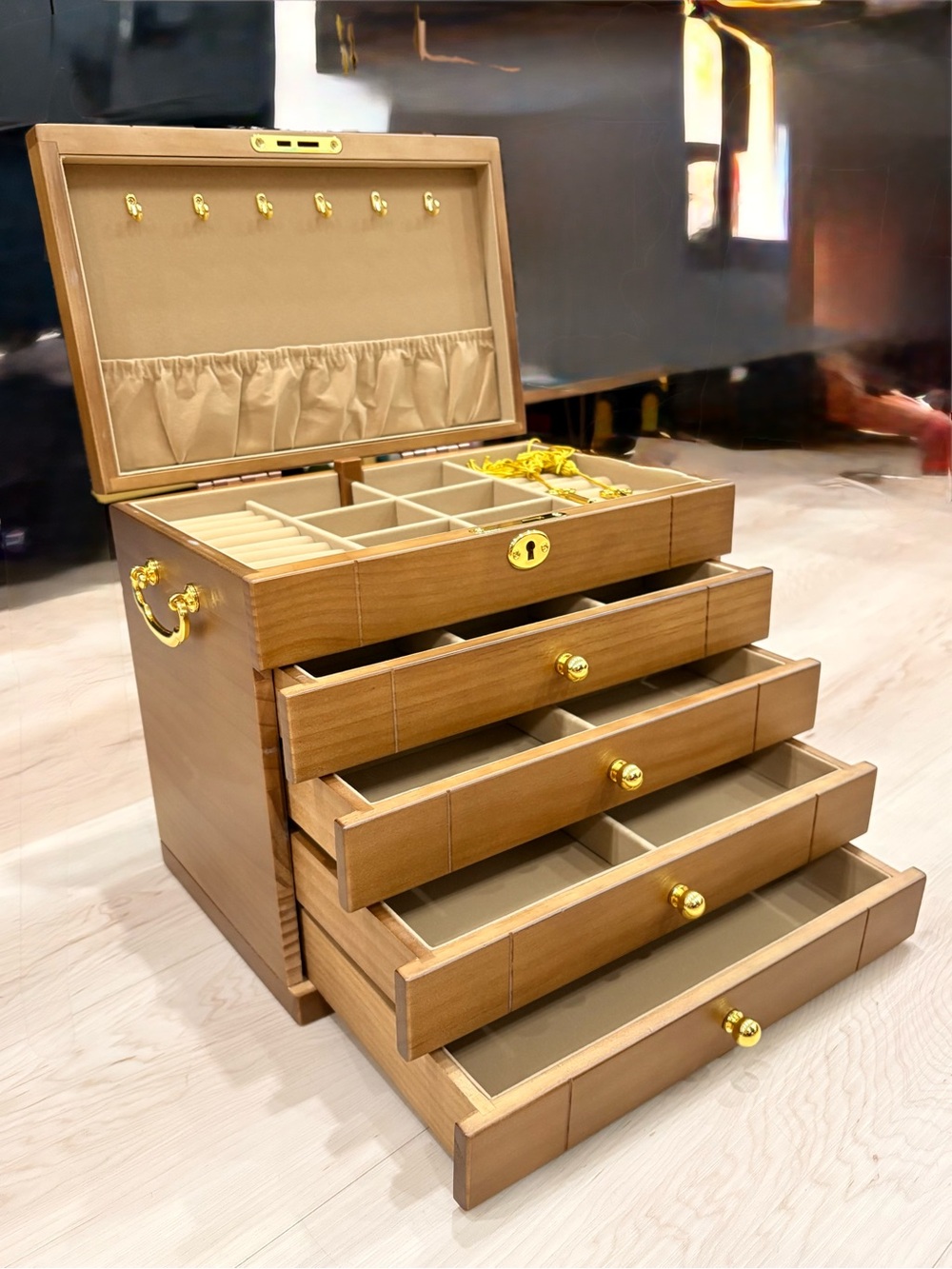 Wood Grain Jewelry Organizer Box with Gold Hardware - Brown